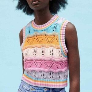 Zara Womens Pastel Colorblock Crocheted Knit Size Small Boho Pastel Goth‎ Comfy